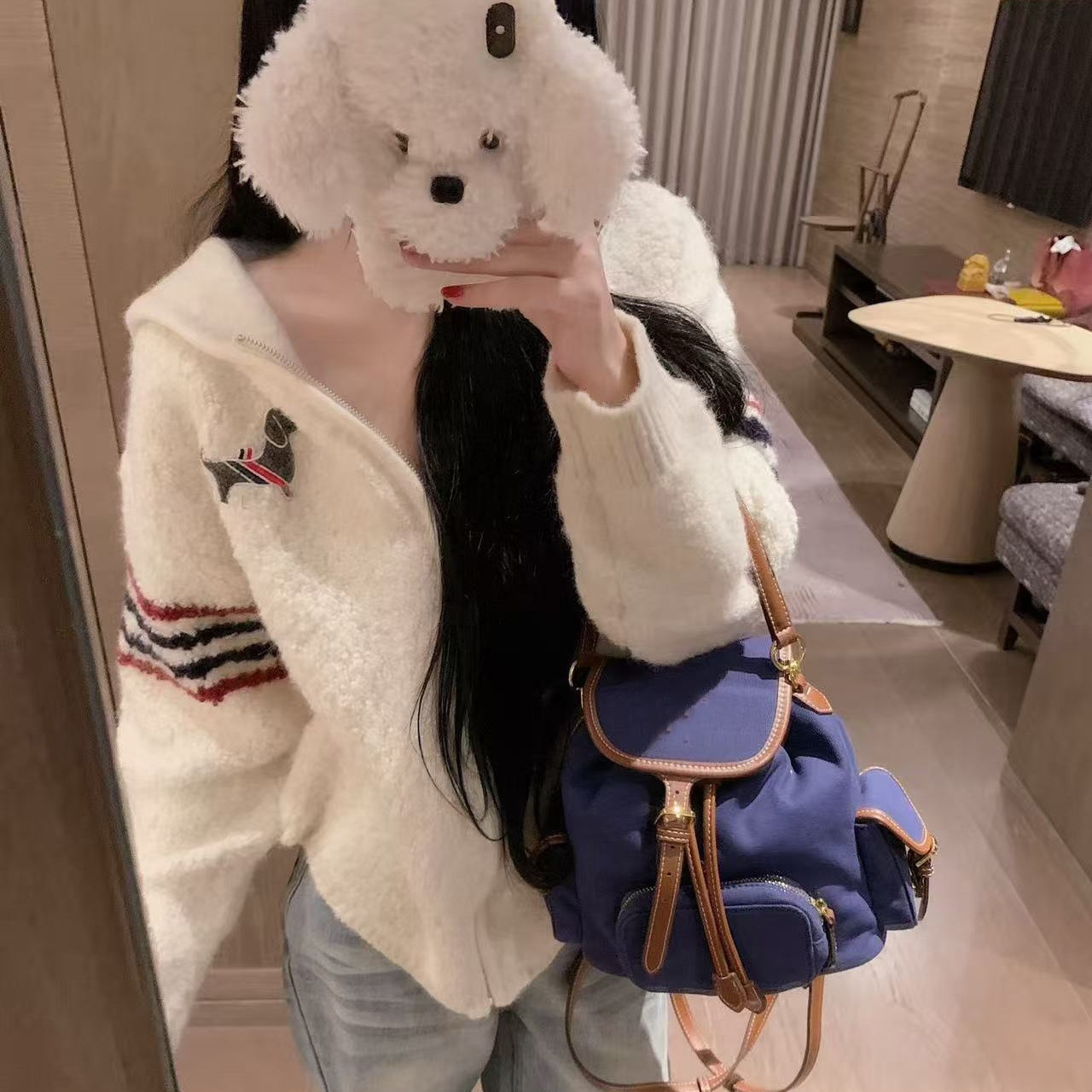 New College-Style Embroidered Puppy Zipper Hooded Looped Velvet Knitted Cardigan for Women Casual Loose Sweater Jacket