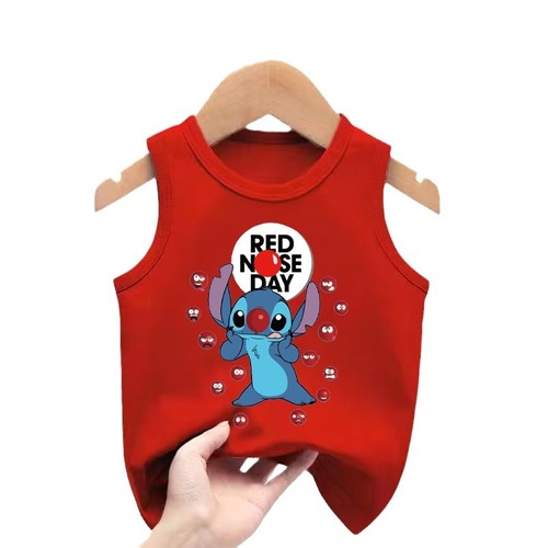 跨境热卖新款Stitch红鼻子 蓝猫童装中大童无袖背心卡通印花夏季