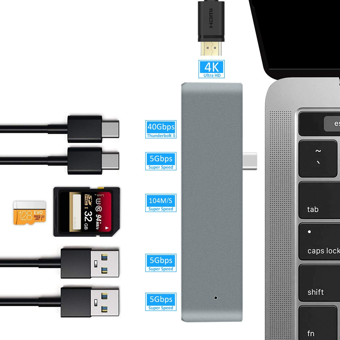 Семь функций: конвертер Type-C в HDMI 4K USB3.0 Hu SD/TF, совместимый с MacBook Notes