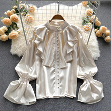 严选法国高端衬衫女士与利基褶边立领单排扣甜美优雅的灯笼袖上衣
