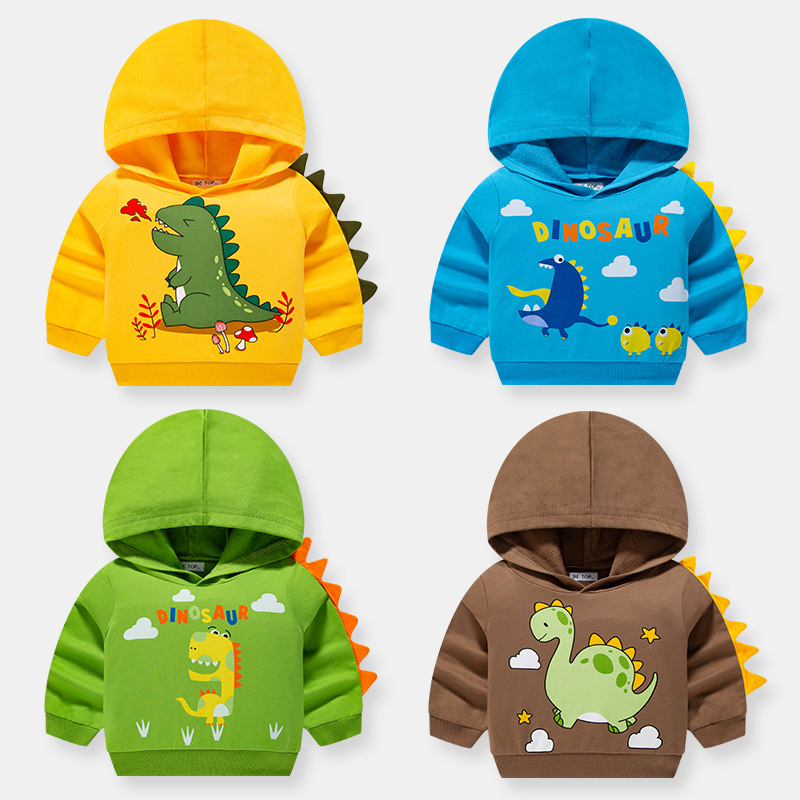 2024 New Children's Autumn Hooded Cartoon Dinosaur Sweatshirt Pure Cotton Boy Baby Knit Hat Trendy