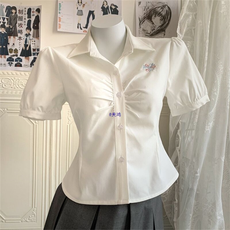Oda-Cho Original Uniform Pure Desire Style Waist-Cinching Shirt with Puff Sleeves White Shirt College Style Top Oda-Cho Original Uniform Pure Desire Style Waist-Cinching Shirt with Puff Sleeves White Shirt College Style Top