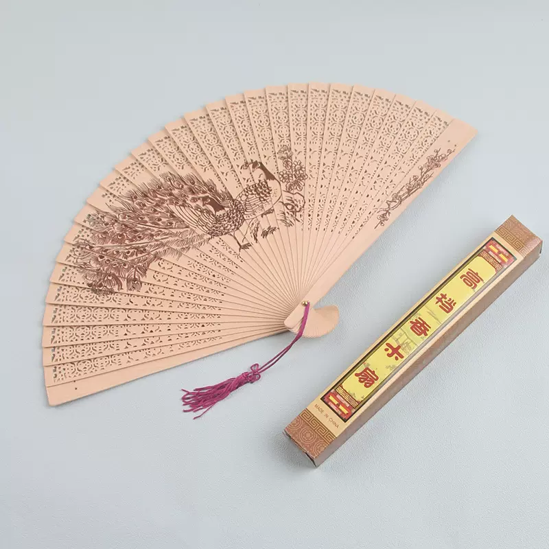 高档香木扇7寸纯木扇子印花镂空盒子流苏防檀香扇雕刻logo中国风
