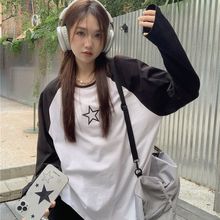 2023秋季韩版宽松内搭插肩印花长袖t恤女打底衫甜美清新小众星星