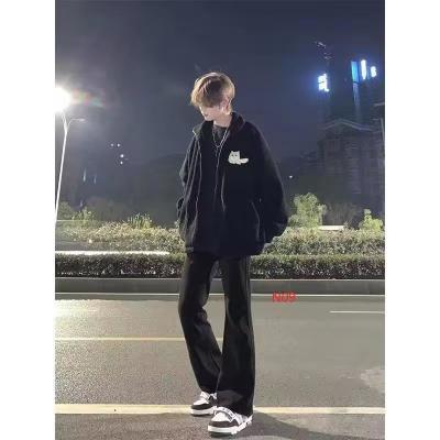 Fall European and American Vibe Streetwear American Retro Yellow Clay Distressed Straight Leg Micro Bell Bottom Pants for Men