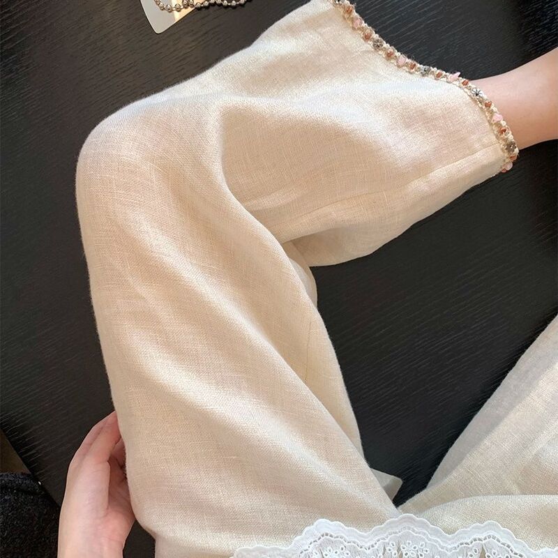 新中式钉珠拼接珠光阔腿裤女2025夏季新款休闲显瘦直筒九分裤子韩|undefined