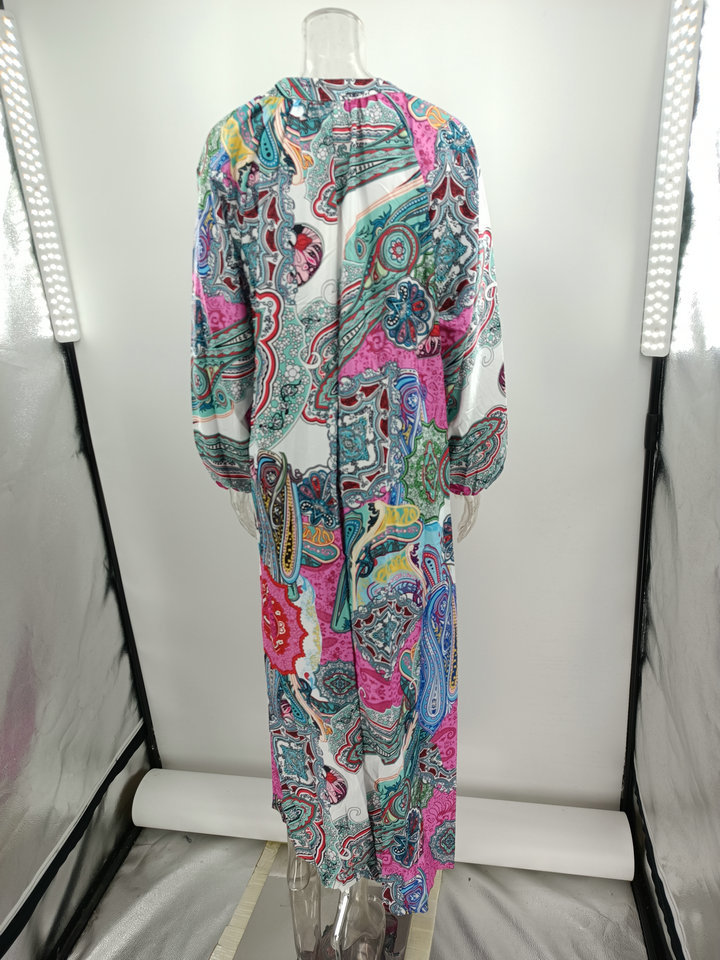 Women's printed pullover long sleeve long skirt V-neck swing loose dress_mkmklike.com