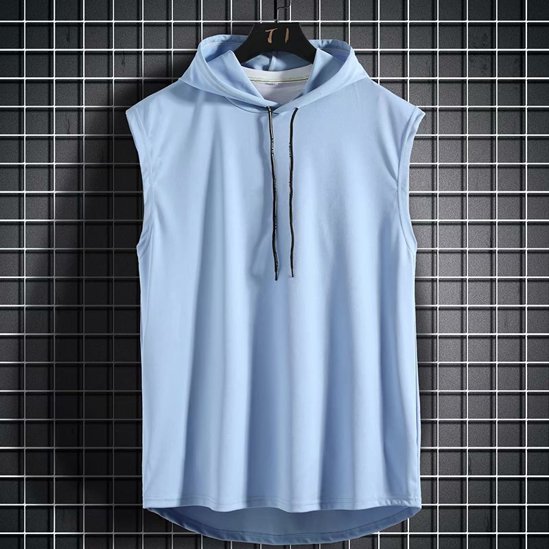 Summer Chop Shoulder Hooded T-shirt Men's Sports Korean Style Vest Fitness Loose Hip-hop Street Sleeveless Couple Top Clothes
