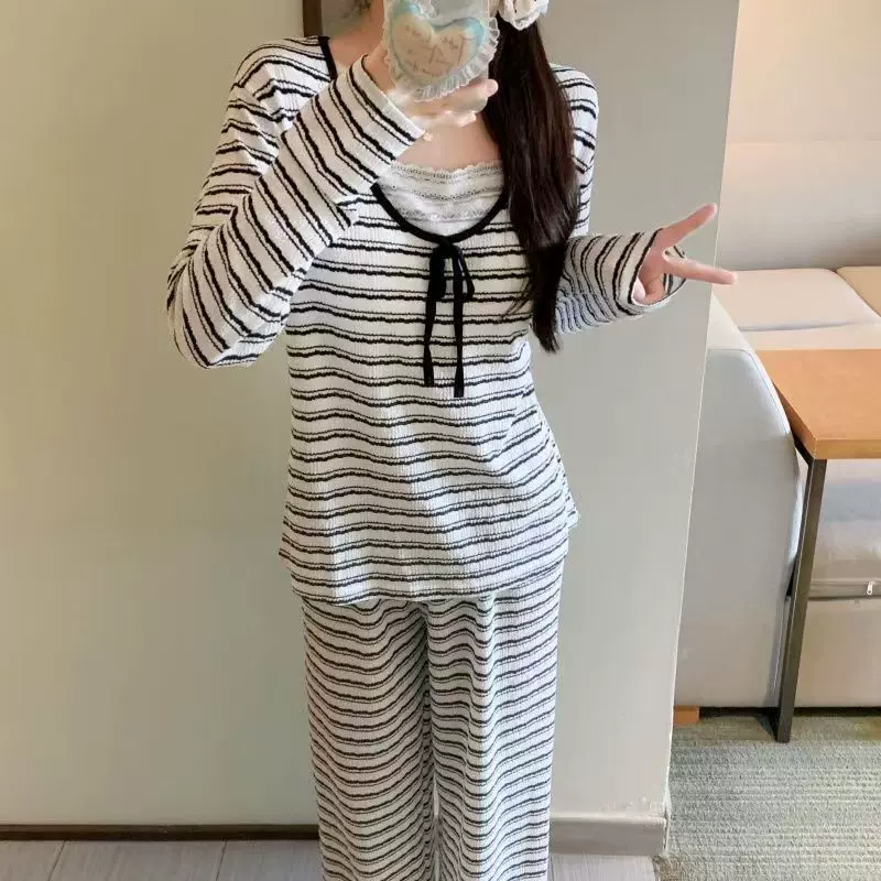 云朵棉睡衣女春秋季带胸垫条纹长袖套装休闲简约学生家居服可外穿