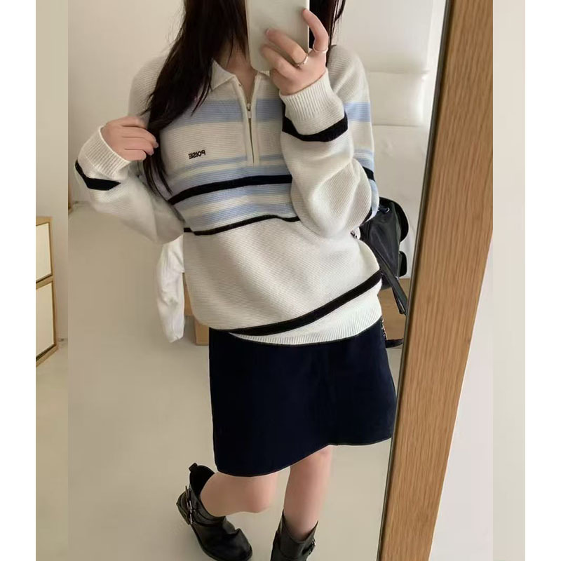 韩代款复古条纹撞色polo领针织衫女简约气质高级感半拉链早秋毛衣|undefined