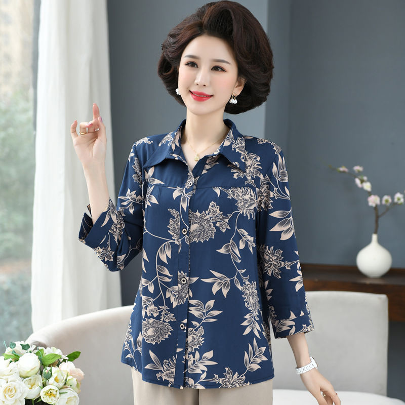 Middle-Aged and Elderly Spring and Summer Pure Cotton Silk Shirts for Elderly Women, Grandma Shirts for Women Aged 60-70, Ladies' Shirts, Mom's Clothing