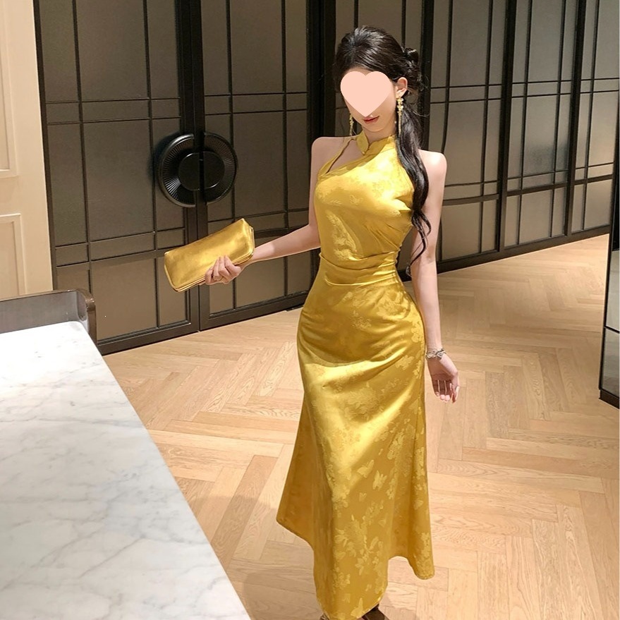 实拍 中式复古旗袍鎏金暖黄性感气质裙子修身显瘦长款礼服连衣裙