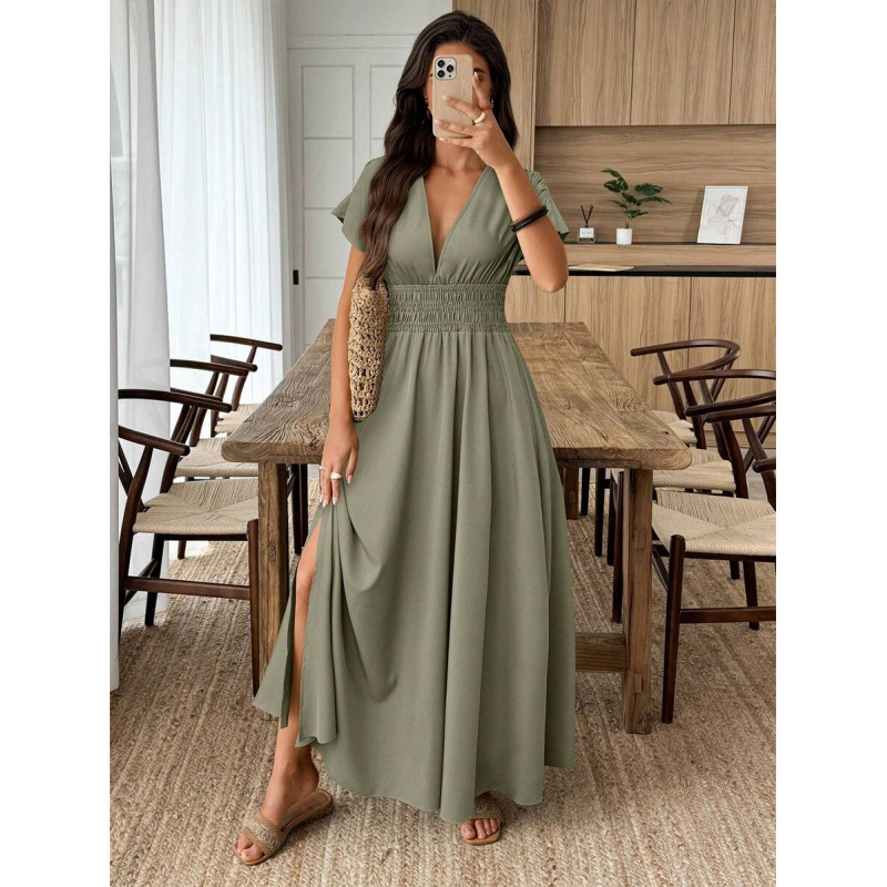 Amazon Cross-Border Bohemian Resort Style Casual Fashion Elegant Solid Color V-Neck Short-Sleeved Long Dress for Women