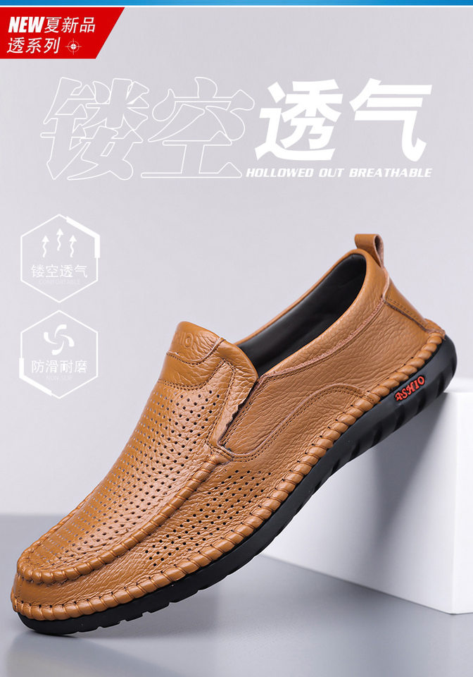 Dép sandal nam da bò thật thoáng khí lỗ rỗng, dép lê mùa hè gót thấp 1-3 cm — nâu, đen chi tiết 4