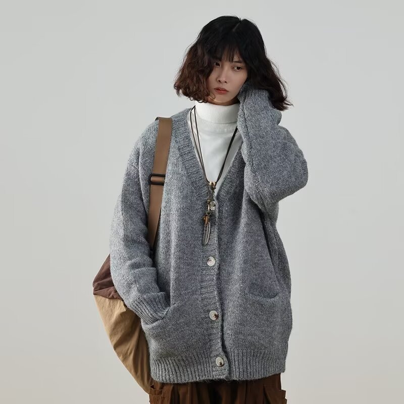 봄, 가을 유행 대학 스타일 루즈 캐주얼 게으른 스웨터 재킷 남성용 일본 솔리드 컬러 V 넥 카디건 스웨터