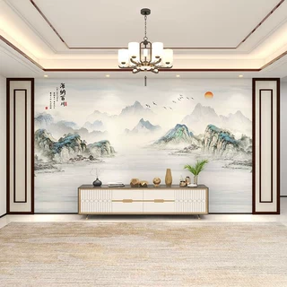 新中式水墨山水画扣板流水生财护墙板电视背景墙碳晶板影视墙扣板