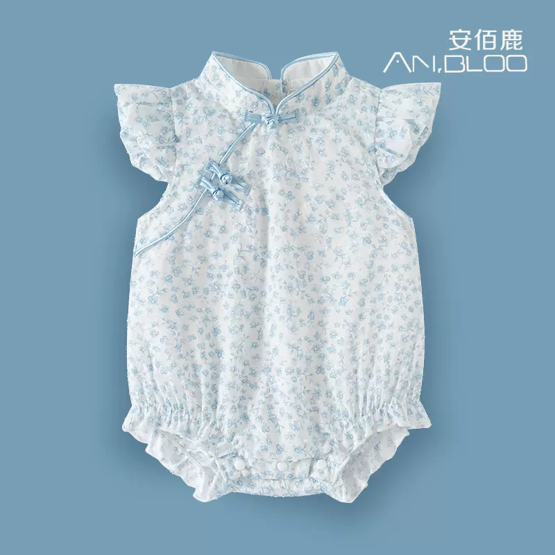婴儿包屁衣夏装新款旗袍女宝宝泡泡飞边袖哈衣清新典雅中国风爬服