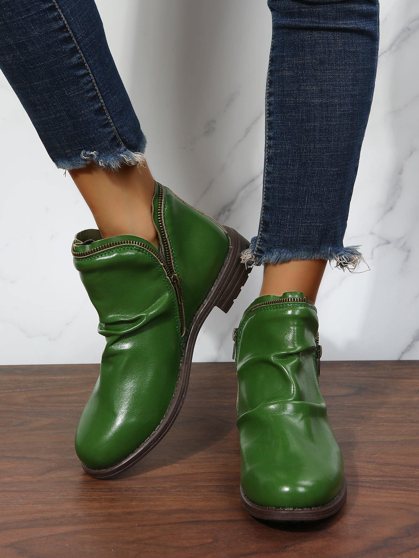 New low heel chunky round toe double zipper boots for women_voghion.com