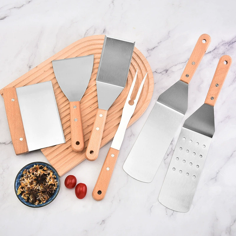 Нержавеющая сталь Теппаньяки лопата инструмент 6 комплектов бытовой деревянной ручки стейк для приготовления пищи лопата кухонный инструмент