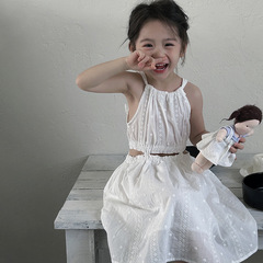 French-style girl's dress 2024 summer new embroidered backless long dress for little girls, trendy children's tank top dress