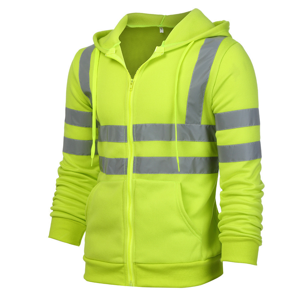 Men's Clothing reflective strip plus velvet sweatshirt outdoor sanitation work clothes zipper hooded color matching sweatshirt jacket_voghion.com