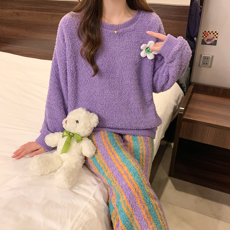 Sunflower Half-Velvet Knitted Pajamas for Women, Autumn and Winter Home Wear, Winter Set with Added Velvet, Sweet and Cute Style