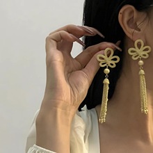 国潮素金色法式中国结设计耳钉复古流苏耳环女vintage风格耳饰