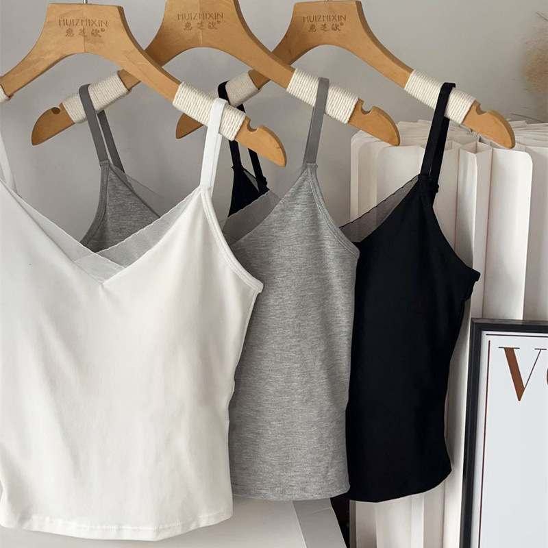 Summer Sexy Lace Rayon Camisole Top, Plus Size Casual V-Neck Outerwear with Built-In Fixed Cups and Chest Pads