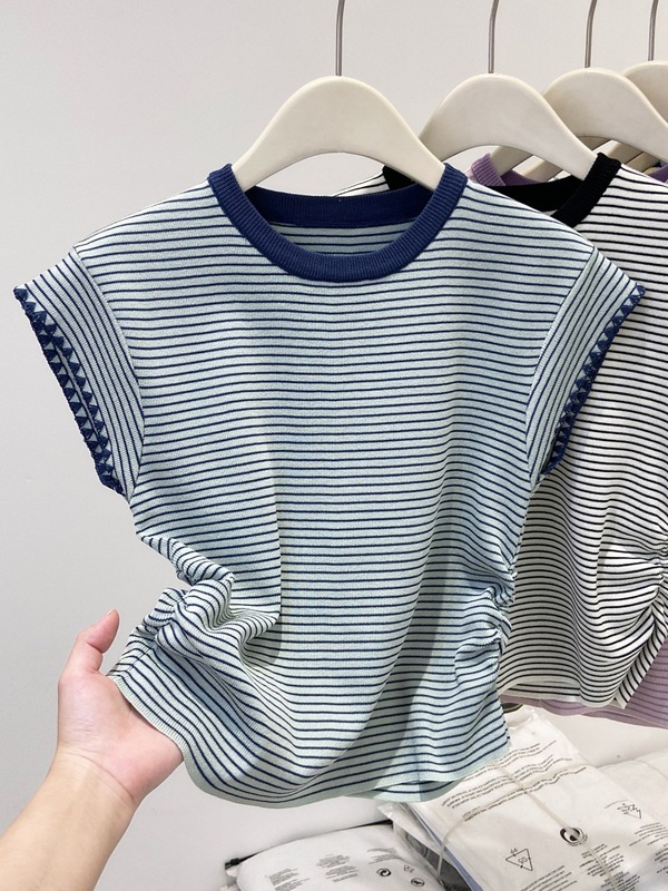 韓国風コントラストカラーアイスシルク薄手Tシャツレディースおしゃれ年齢軽減ストライプ半袖2025夏ファッション小飛袖トップス|undefined