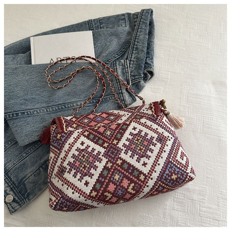 336g Weight Flip Cover Closure Type Single Shoulder Strap Strap Type Shoulder Bag Bags Type Casual, Holiday Occasion Cloth Material Geometric Pattern All Seasons Season Women's Gender Elegant, Ethnic Style Style Square Shape Women's Cloth Geometric Elegant Ethnic Style Square Flip Cover Shoulder Bag 3