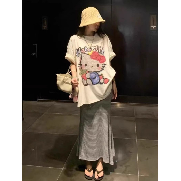 纯棉HelloKitty印花白色短袖T恤女夏季慵懒风宽松洋气时髦上衣潮|undefined
