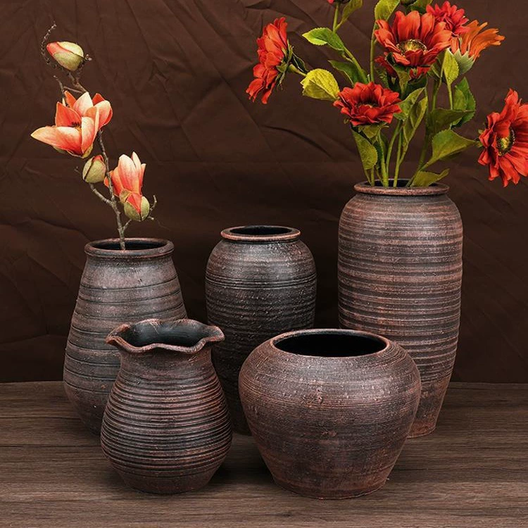 Ретро грубая глиняная глиняная ваза для украшения китайского цветочного горшка