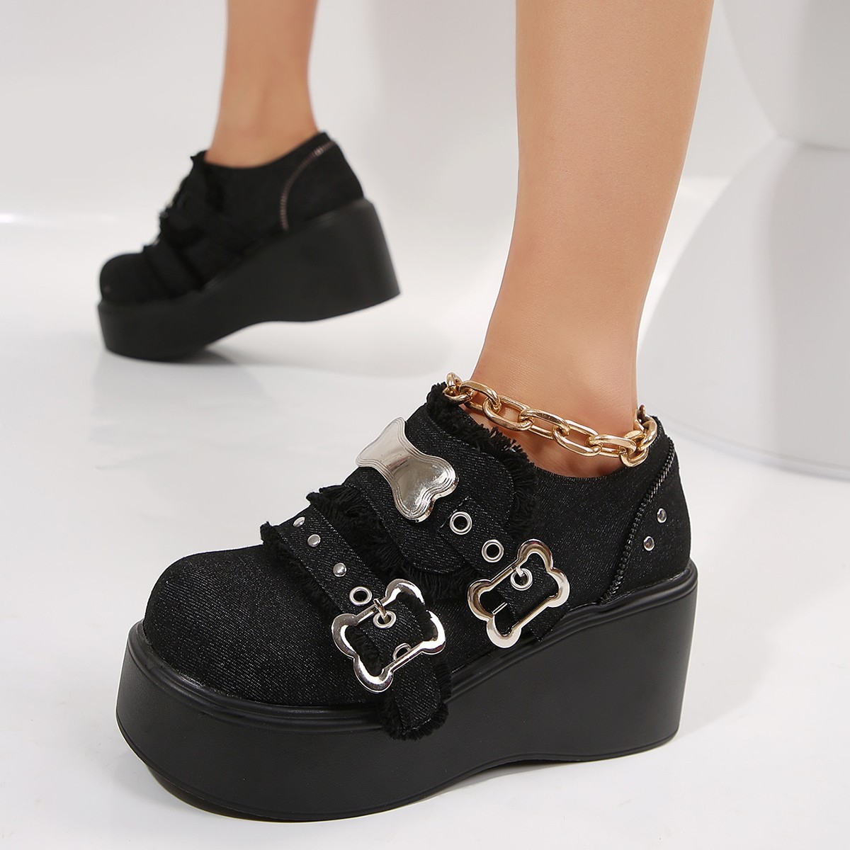 Damesschoenen Punk klinknagel riem gesp voorkant veter dikke zool denim Mary Jane schoenen lente en herfst ronde neus dames platform schoenen_voghion.com