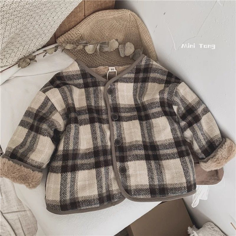 어린이 모직 격자 자켓 한국식 가을과 겨울 새 소년들과 소녀 자켓 유행 느슨한  면화 패딩 옷