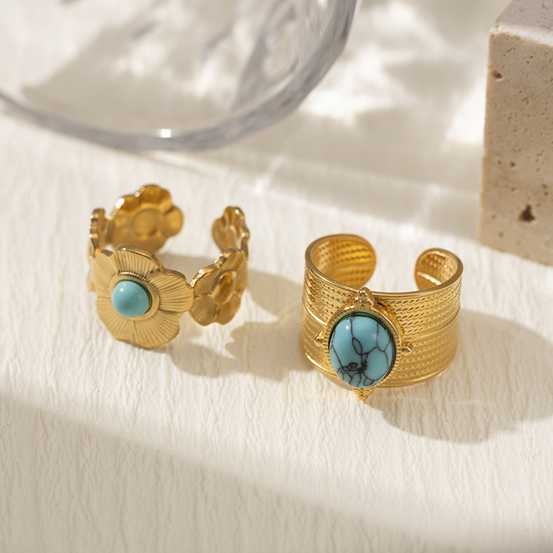 TENA francés oro turquesa 18 quilates anillo de acero inoxidable de mujeres de alta calidad anillo de acero de titanio flor transfronteriza