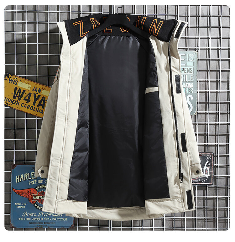 Men's Long Winter Workwear Down Jacket With Hood, Lightweight Warm Parka Coat For Cold Weather, Water-Resistant Polyester Shell, Machine Washable_voghion.com
