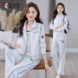 啄木鸟休闲运动服套装女春秋新款洋气显瘦立领开衫阔腿裤两件套潮