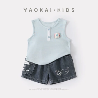 夏季新款婴幼儿韩版立体卡通小狗针织背心宝宝休闲牛仔短裤两件套