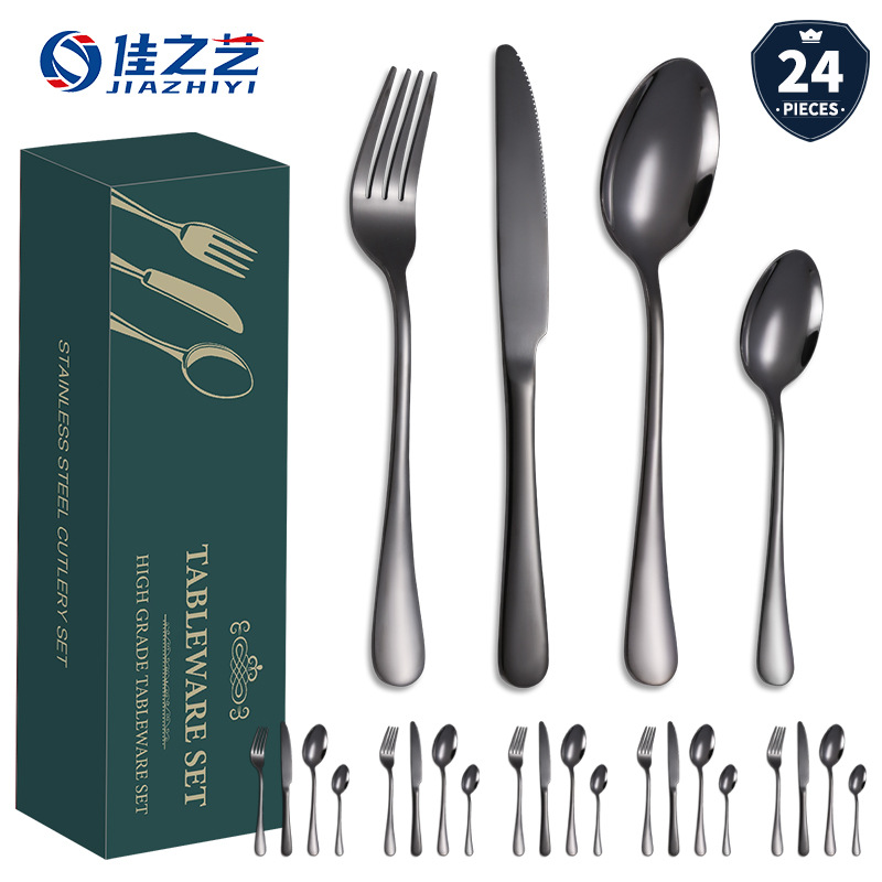 Transfronterizo 1010 traje de vajilla de acero inoxidable de 24 piezas conjunto Hotel titanio-plateado cuchillo de carne occidental, tenedor, cuchara, caja de regalo de cuchara de té