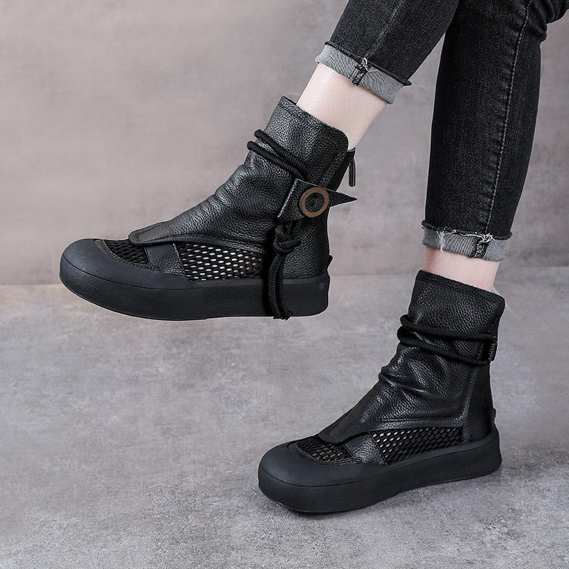 Boot Martin lưới mùa hè da bò thật cổ cao ôm bắp chân — Màu nâu