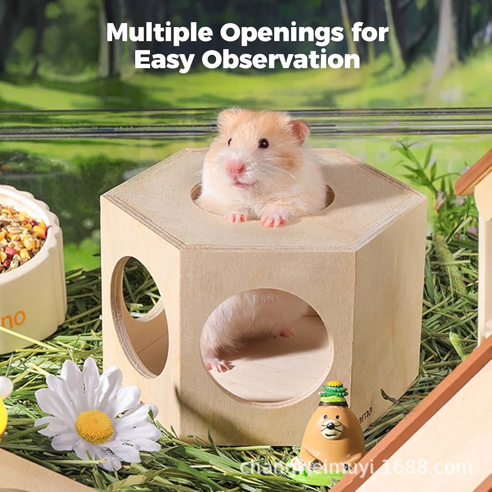 跨境木质仓鼠窝龙猫豚鼠小宠躲避屋宠物用品木屋房子迷宫六角箱