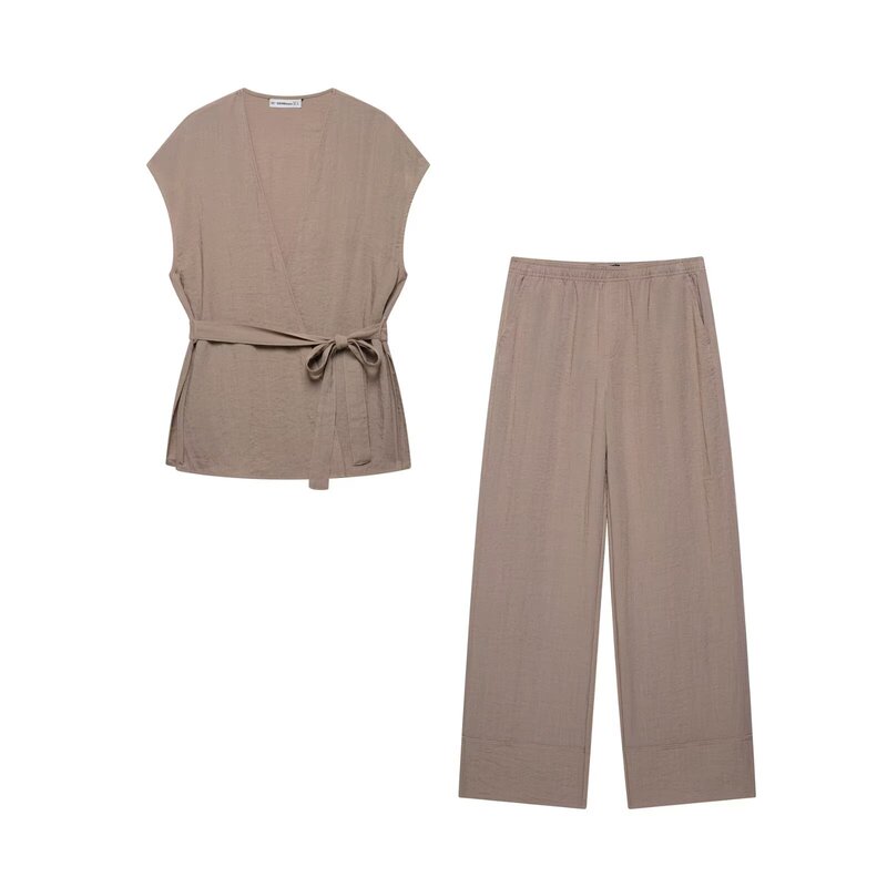 Za Export Women's Clothing 2025 New Summer Style European and American Casual Loose Lace-Up Kimono Vest + Straight Pants Suit
