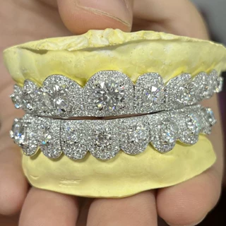 欧美grillz跨境925银经典满镶莫桑石牙套嘻哈说唱男女潮流珠宝