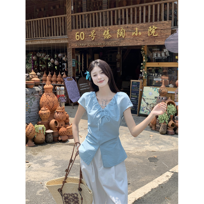 甜美风套装蓝色褶皱短袖衬衫女夏季新款高腰显瘦阔腿裤两件套|undefined