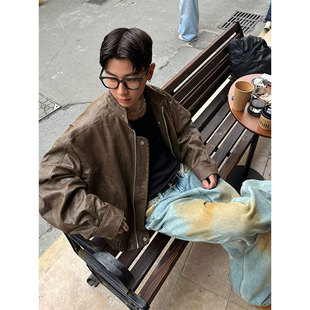 Oxfreak Spring New Product "High-End Shoulder Pads" Stand-Up Collar Leather Jacket Men's Jacket Retro Motorcycle Jacket