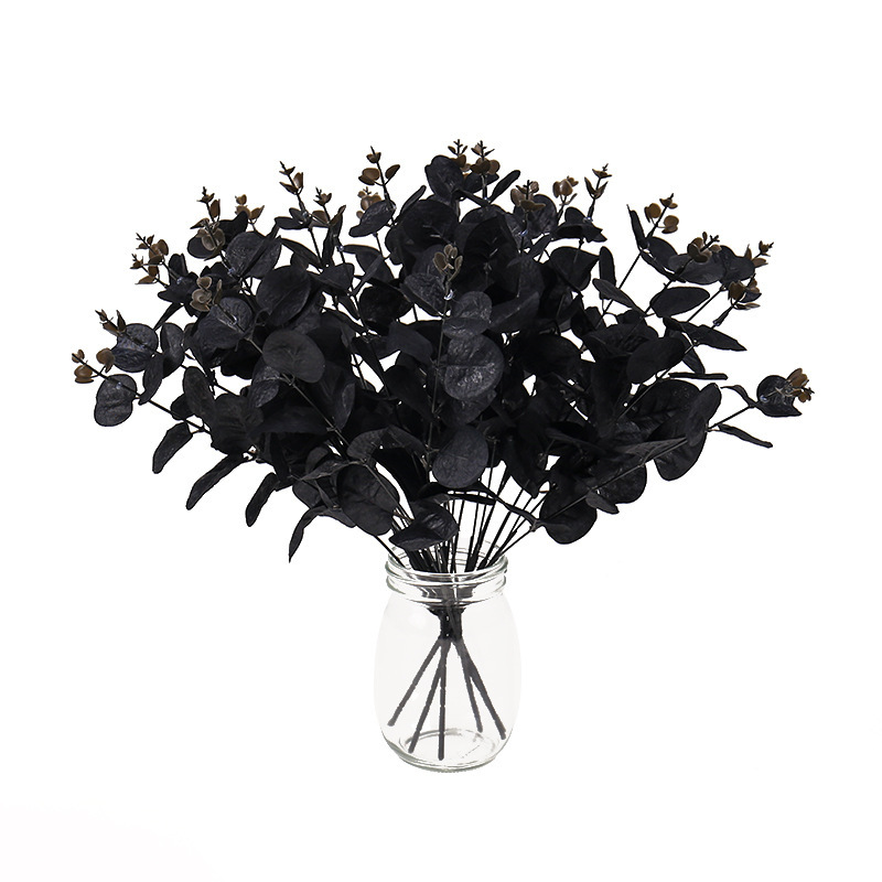 4-Pronged Black Money Leaf Bunch Halloween Party Decoration Flower Material Simulated Leaves 4-Pronged Black Eucalyptus Bunch