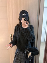 2025新款慵懒风套装宽松麻花毛衣外套女秋季复古格子百褶裙两件套