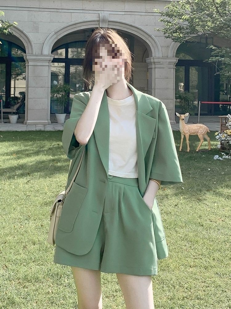 Bộ blazer nữ tay ngắn kèm quần short Hàn Quốc mỏng nhẹ mùa hè — Màu đen [Vải], Cỏ xanh [Vải], Gạo trắng [Vải], Màu hồng [Vải] chi tiết 16