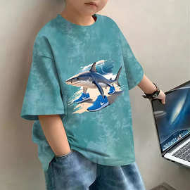 2025夏季纯棉新款鲨鱼鞋子印花T恤短袖男女童中大童百搭宽松上衣