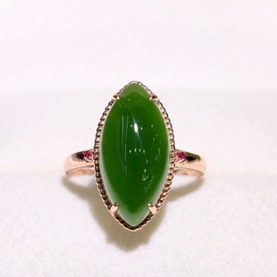 Fubei Diamond Jewelry [18K Gold Inlaid with Natural Hetian Jasper Marquise Ring for Women] Loose Stone 8*18mm Ring Size 14